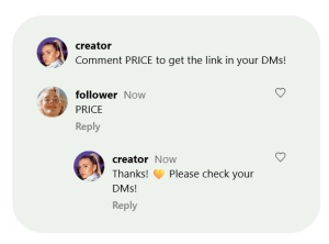 screenshot of a content creator using the "comment for price" method in her post