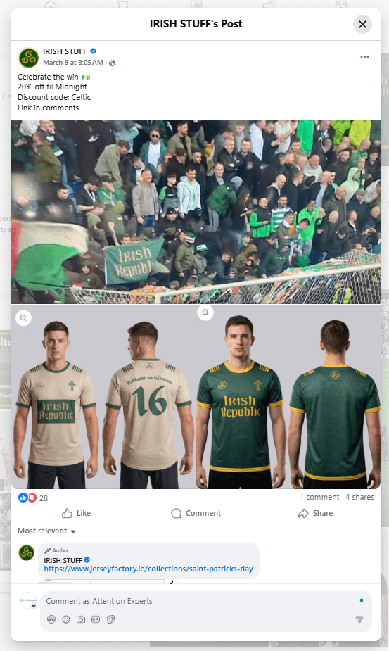 screenshot of a Facebook post of IRISH STUFF with a link in the comments
