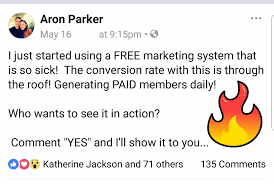 screenshot of a marketer on Facebook promoting a free marketing system with the "comment for link" method